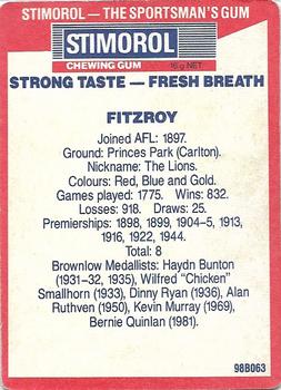 1990 AFL Scanlens Stimorol #61 Fitzroy Lions Back